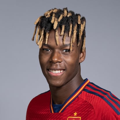 DOHA, QATAR - NOVEMBER 18: Nico Williams of Spain poses during the official FIFA World Cup Qatar 2022 portrait session on November 18, 2022 in Doha, Qatar. (Photo by Alex Caparros - FIFA/FIFA via Getty Images)