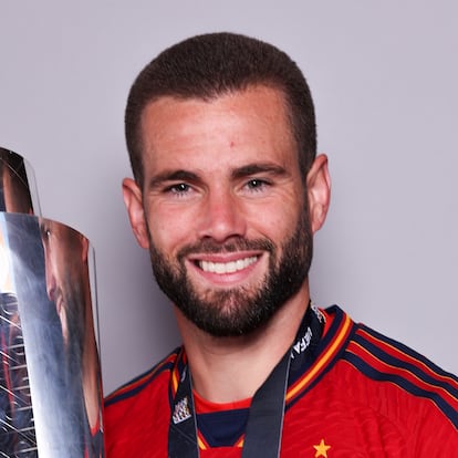 ROTTERDAM, NETHERLANDS - JUNE 18: Nacho of Spain poses for a photograph with the UEFA Nations League Trophy during the UEFA Nations League 2022/23 at De Kuip on June 18, 2023 in Rotterdam, Netherlands. (Photo by Dean Mouhtaropoulos - UEFA/UEFA via Getty Images)