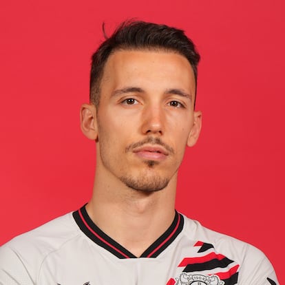 LEVERKUSEN, GERMANY - MAY 15: Alejandro Grimaldo of Bayer 04 Leverkusen poses during the UEFA Europa League 2023/24 finalists access day at BayArena on May 15, 2024 in Leverkusen, Germany. (Photo by Angel Martinez - UEFA/UEFA via Getty Images)