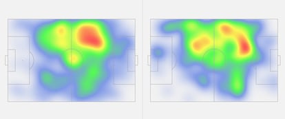 A LA IZQUIERDA, EL MAPA DE CALOR DE BELLINGHAM HASTA EL PARTIDO CONTRA EL MILAN (5 DE NOVIEMBRE). Y A LA DERECHA, LOS SEIS ÚLTIMOS ENCUENTROS (OSASUNA, LEGANÉS, LIVERPOOL, GETAFE, ATHLETIC Y GIRONA).